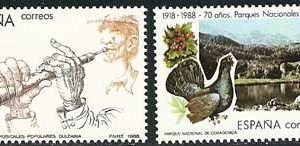 2935-38. Sello Turismo. Paella, hórreo, Covadonga y dulzaina