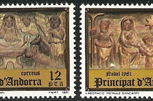 Serie sellos Andorra 144-45. Navidad. Retablo Iglesia d’Encamp