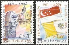 Serie sellos Vaticano 1415-16. Diplomacia Singapur y Sta Sede
