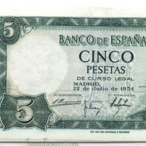 Billete Estado Español 0005 pesetas Madrid 1954 SIN SERIE PAREJA