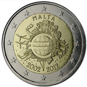 Moneda 2 euros de Malta 2012 X Aniversario del Euro