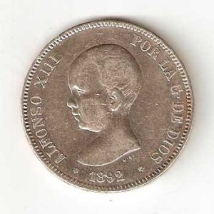 Moneda Alfonso XIII 05 Pesetas 1892 *18.92 (PGM) .MBC Pelon