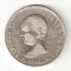 Moneda Alfonso XIII 05 Pesetas 1888 *18.88 (MPM).MBC