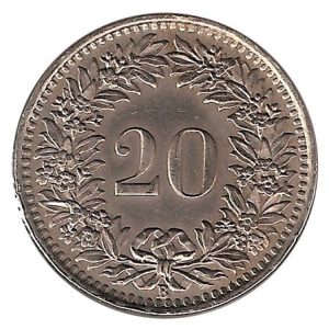 Moneda de Suiza 000020 rappen 1960. EBC+