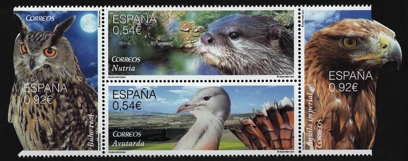4915-18. Sello Fauna Protegida. Búho, avutarda, nutria y águila