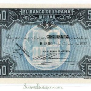 Billete Banco de España – Bilbao 0050 pesetas 1937 SC CON MATRIZ