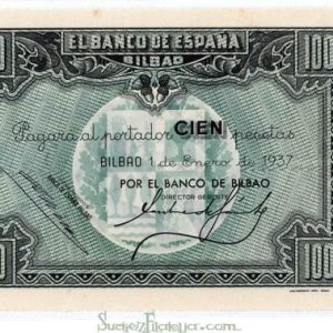 Billete Banco de España – Bilbao 0100 pesetas 1937 SC CON MATRIZ
