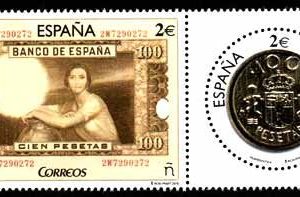 5010-11. Sello Numismática. Billete y moneda de 100 pesetas