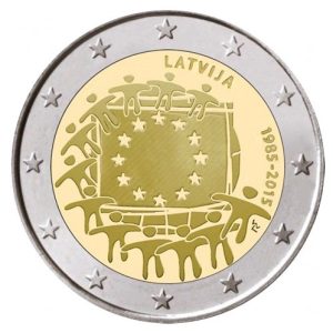 Moneda 2 euros de Letonia 2015 Tema común Bandera Europea