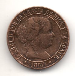 Moneda 1867. 01 ct. Escudo Isabel II 1867 Segovia (Sin OM) MBC