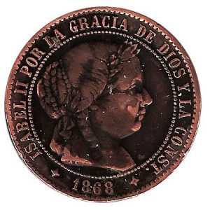 Moneda España Isabel II 2 1/2 Cent. de Escudo Jubia 1868-OM. MBC