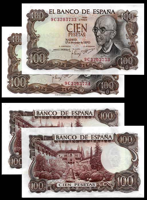 Billete Estado Español 0100 pesetas Madrid 1970 SC.Serie 9C Pareja
