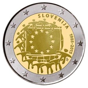 Moneda 2 euros de Eslovenia 2015 Tema común Bandera Europea