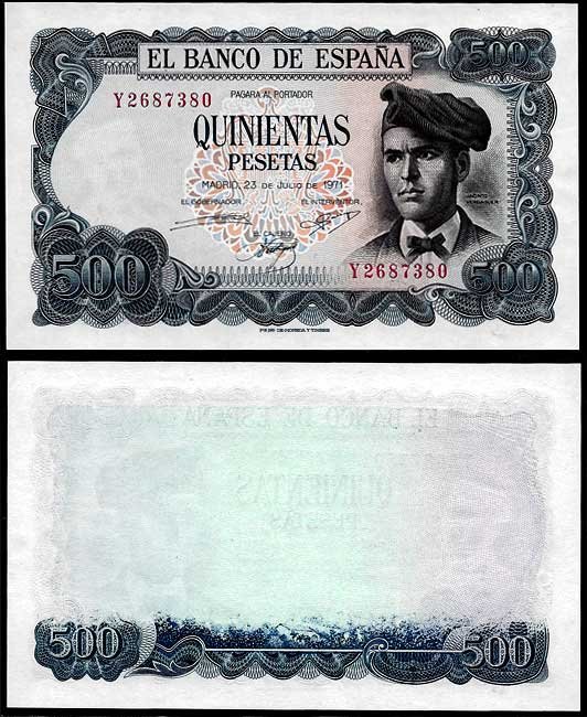 Billete Estado Español 0500 ptas 1971 SC. 75% Reverso no Impreso
