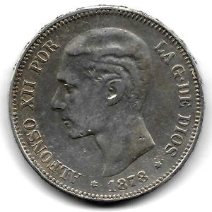 Moneda Alfonso XII 05 Pesetas 1878 *-8.– (MPM).MBC. Falso Epoca