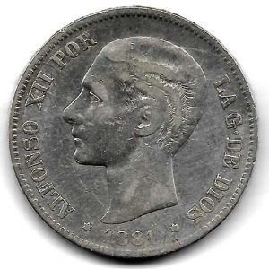 Moneda Alfonso XII 05 Pesetas 1881 *–.– (MSM).MBC