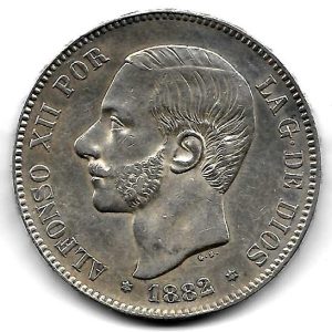 Moneda Alfonso XII 05 Pesetas 1882 *18.81 (MSM).EBC Acuñado 81