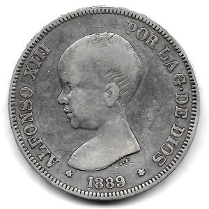 Moneda Alfonso XIII 05 Pesetas 1889 (PGM).MBC/BC. Sevillano