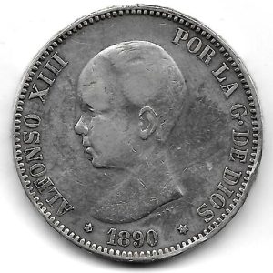 Moneda Alfonso XIII 05 Pesetas 1890 *18.90 (MSM). MBC Sevillano