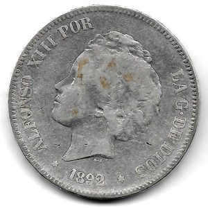 Moneda Alfonso XIII 05 Pesetas 1892 *18.92 (PGM).MBC. Rizos