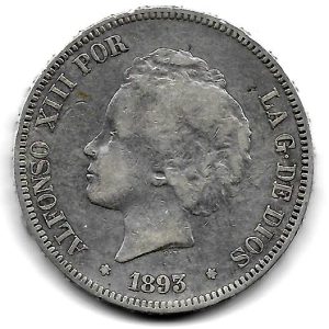Moneda Alfonso XIII 05 Pesetas 1893 *18.93 (PGL). MBC