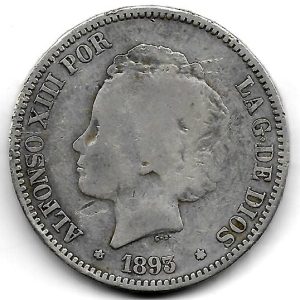 Moneda Alfonso XIII 05 Pesetas 1893 *-8.– (MSM). BC Sevillano