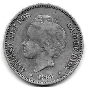 Moneda Alfonso XIII 05 Pesetas 1893 *18.– (PGV). MBC