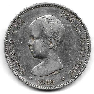 Moneda Alfonso XIII 05 Pesetas 1889 *–.89 (MPM). MBC