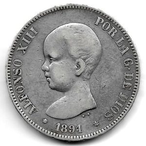 Moneda Alfonso XIII 05 Pesetas 1891 *18.81 (PGM). MBC Sevillano