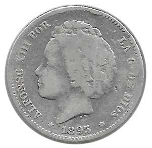 Moneda Alfonso XIII 01 Pesetas 1893 *–.– (PGL).BC ESCASA