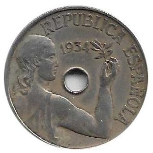 Moneda República 0,25 céntimos peseta 1934. MBC