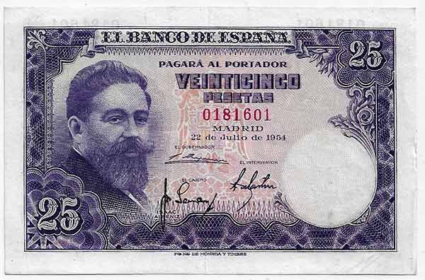 Billete Estado Español 0025 pesetas Madrid 1954 SIN SERIE EBC