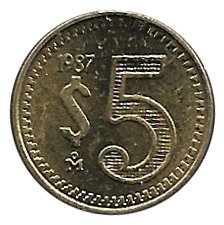 Moneda México 0005 pesos 1987.EBC.RARA