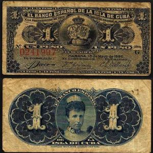 Billete 001 Peso Banco Español Isla Cuba 1896 MBC