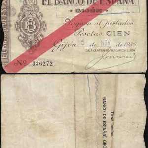 Billete Banco de España – Gijón 100 pesetas 1936 MBC