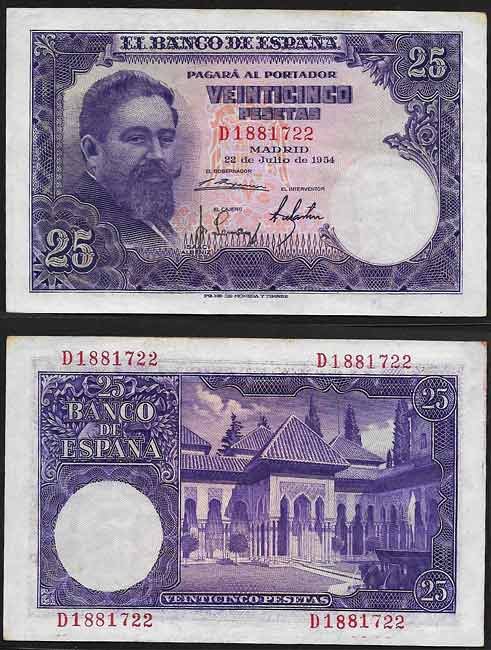 Billete Estado Español 0025 pesetas Madrid 1954 MBC