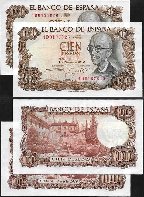 Billete Estado Español 0100 pesetas Madrid 1970 SC. Pareja