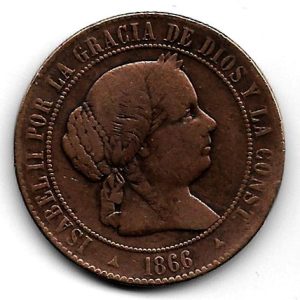 Moneda 1866. 05 ctmos. de Escudo Isabel II 1866 (Segovia OM).BC+