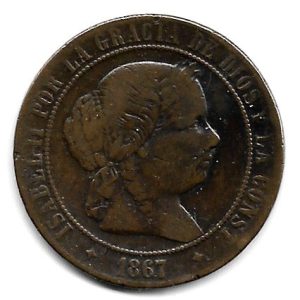 Moneda 1867. 05 ctmos. de Escudo Isabel II (Jubia OM).MBC-  1