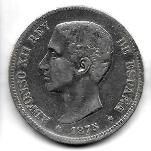 Moneda Alfonso XII 05 Pesetas 1875 *–.75 (DEM) Oreja Rayada.MBC