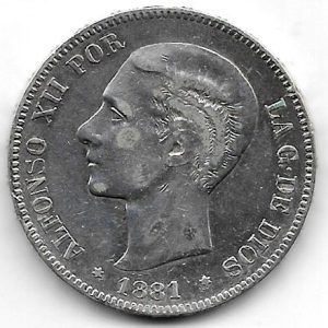 Moneda Alfonso XII 05 Pesetas 1881 *18.8- (MSM).MBC