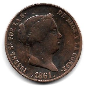 Moneda 1861. 25 ctmos. de Real Isabel II (Segovia).MBC