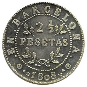 Jetón o Ficha 2 1/2 Pesetas Barcelona 1808. Plata