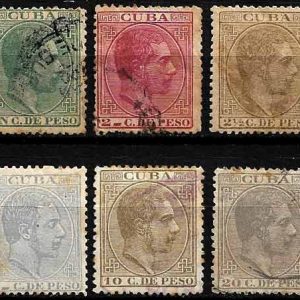 Serie sellos Cuba colonia española 0068-73. Alfonso XII (o)