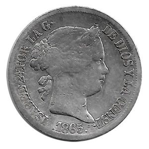 Moneda 1865.20 ctmos. de Peso Isabel II 1865 (Manila). MBC-