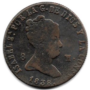 Moneda 1838. 08 Maravedis Isabel II 1838 (Segovia).MBC