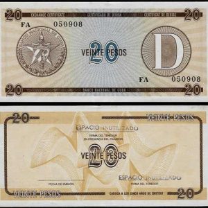 Billete Cuba 020 Pesos (Certificado Divisa) 1985 D S/C-
