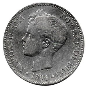 Moneda Alfonso XIII 05 Pesetas 1896 *18.–(PGV). MBC