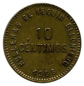 Jetón o Ficha Mina Hulleras de Veguin 10 Cent 1908 MBC