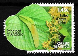 Serie sellos Andorra 500. Hoja de arbol TILO